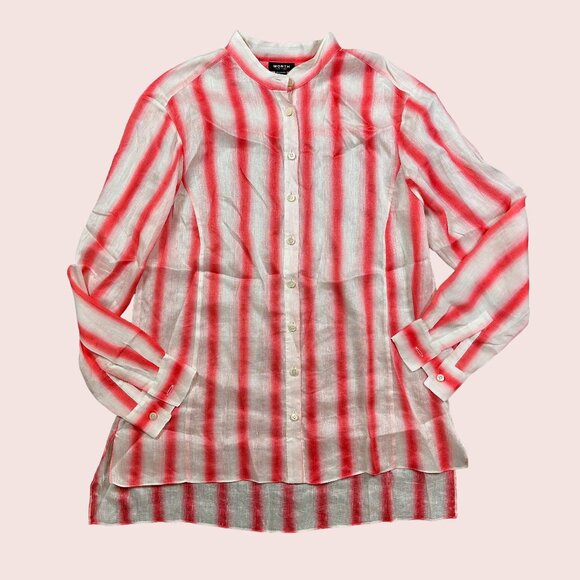 WORTH New York Women's Pink White Stripe Button Down Shirt Silk Linen Medium - Picture 1 of 6